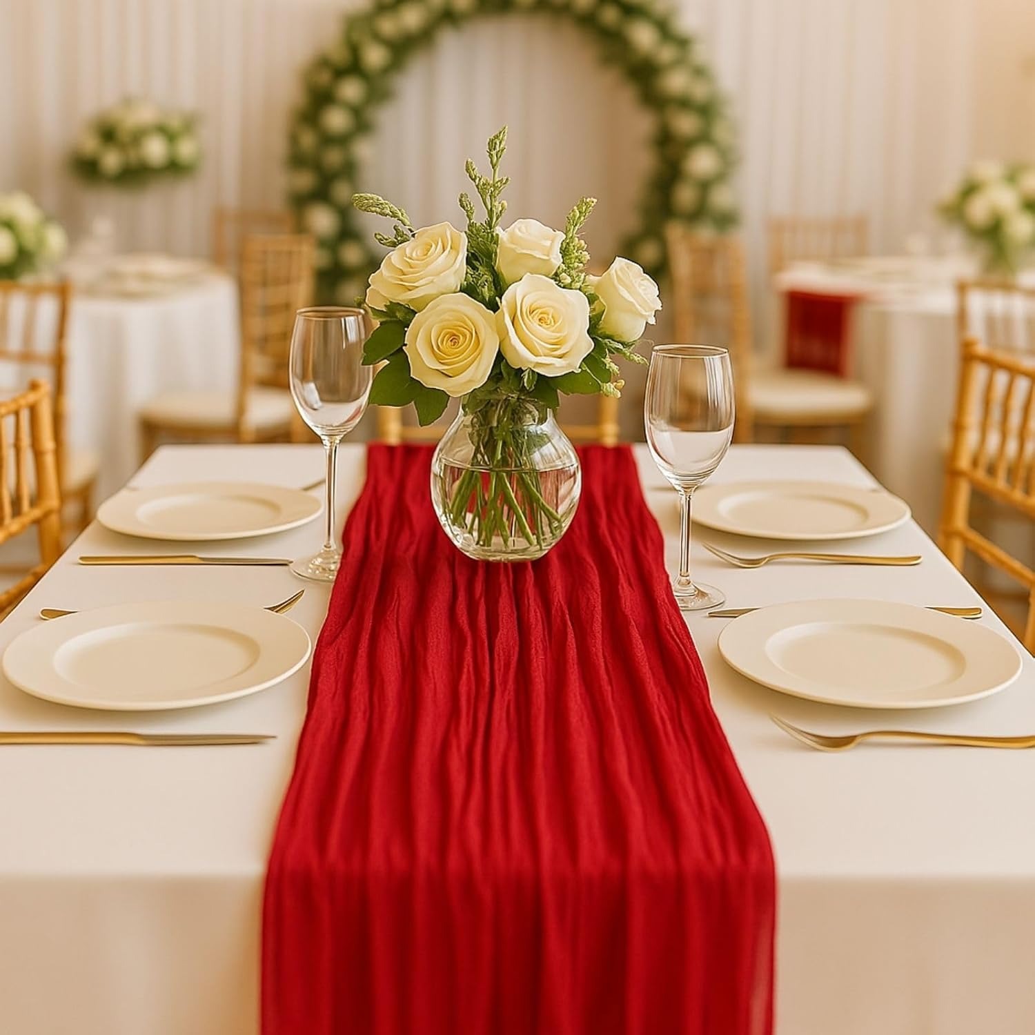 Parisian Style Tablecloth Red Table Runner 120 Inch Rustic Boho Gauze Cheese Cloth Table Runner For Wedding Baby Shower Bridal Shower Birthday Party Home Decorations