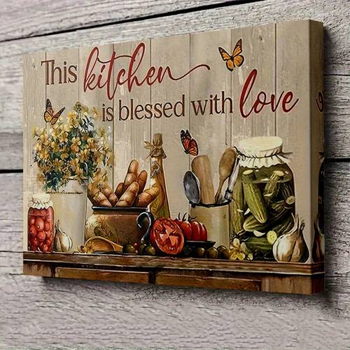 2d flat 2d flat 1pc framed canvas artwork that this kitchen is blessed a rustic farmhouse decoration featuring bread butterflies and flowers handmade and wrapped sizes are 20cm x 30cm 30cm x 40cm