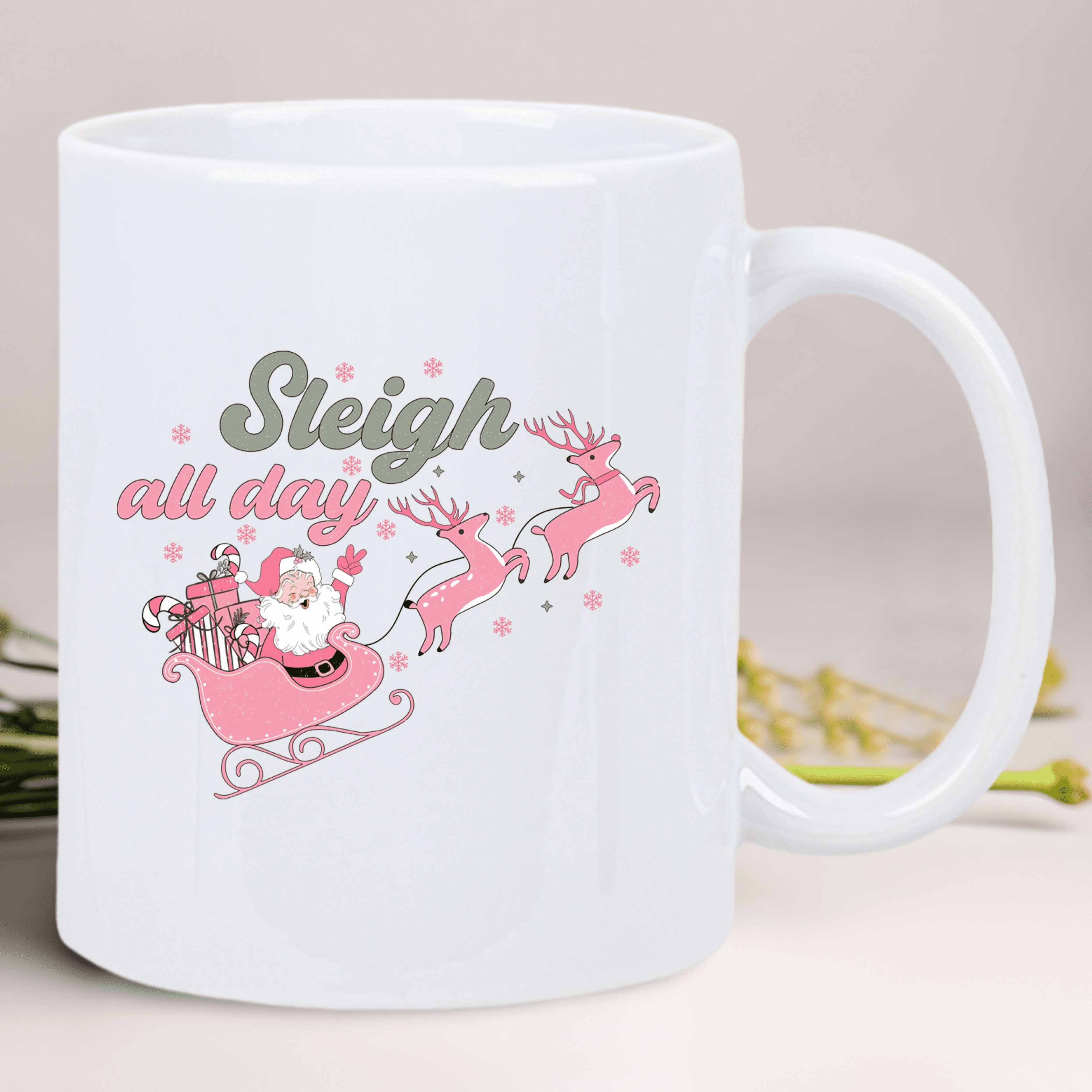 festive santa sleigh reindeer ceramic coffee mug insulated reusable white mug with   design   holiday gifting hand wash only seasonal gift item   holiday mug glossy   details 1