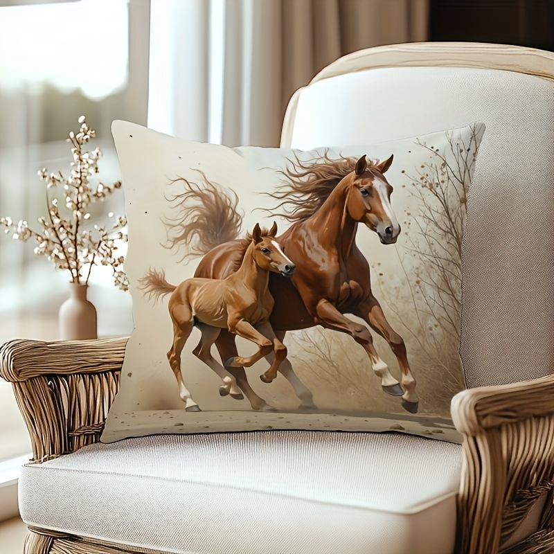 TEMU 1pc And Foal Running Dynamic Printed Square Pillowcase, Very Aesthetic Cushion Cover, Soft And Comfortable, Polyester Fiber, Machine Washable,