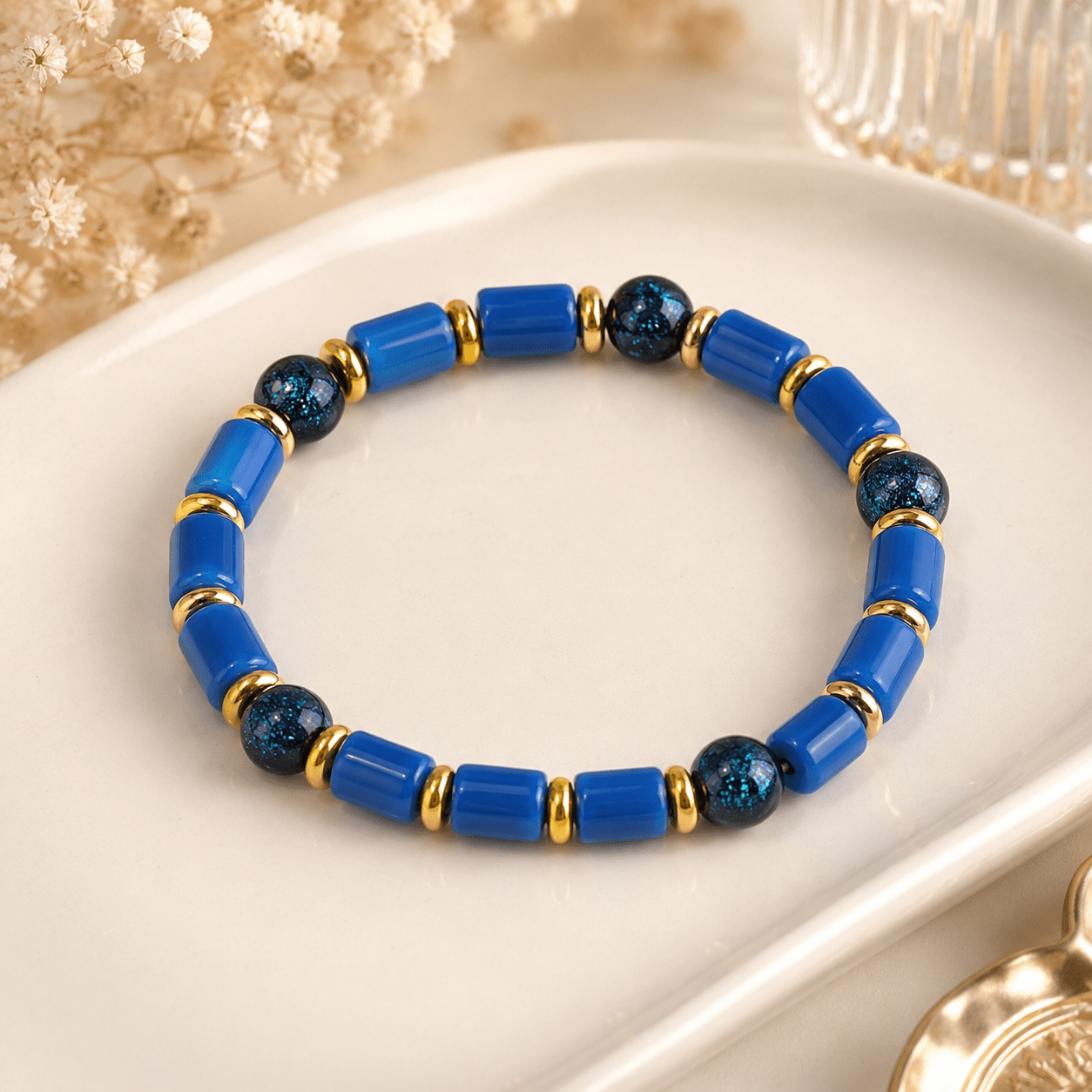 Modern Minimalist Blue Cylindrical Beaded Stretch Bracelet