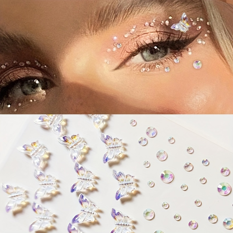 Image of 2pcs Set 3d And Round Rhinestone Face Jewelry, Face Stickers, Durable And Easy To Apply