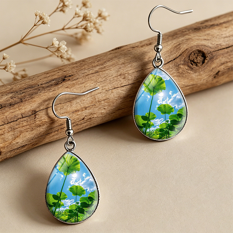 Summer Lotus Leaf Blue Sky Tear Drop Earrings, Fashion Gift