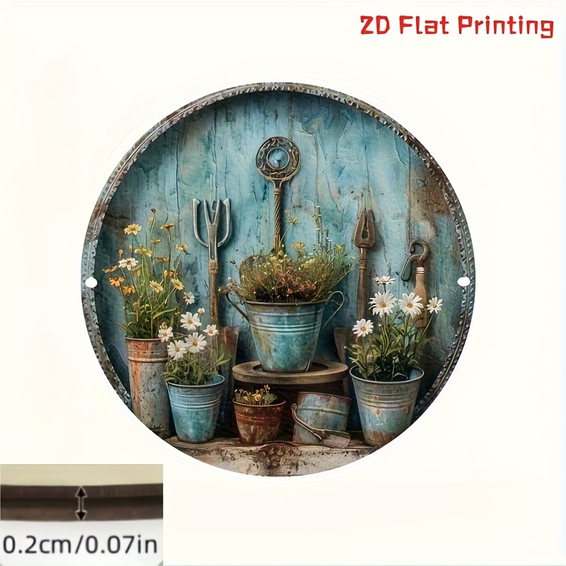 TEMU Panneau mural rond en bois 2D plat, style bohème avec outils de jardin vintage et motif floral - Bleu rustique pour décoration de maison, café,