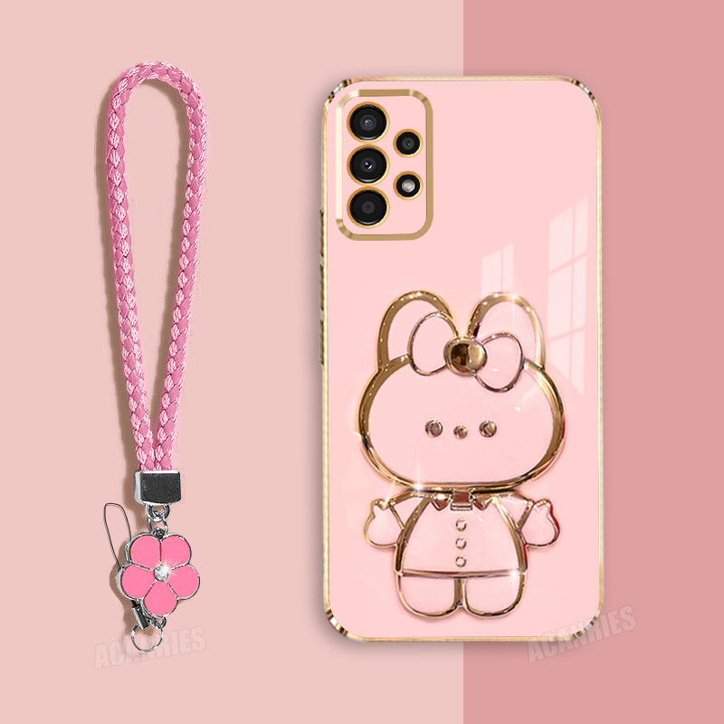 TEMU Phone Case: Acanries 1 Trendy Lanyard Wrist Strap With 1 Cute Rabbit Mirror Folding Stand Holder And 1 Luxury Plating Tpu Soft Protective Phone
