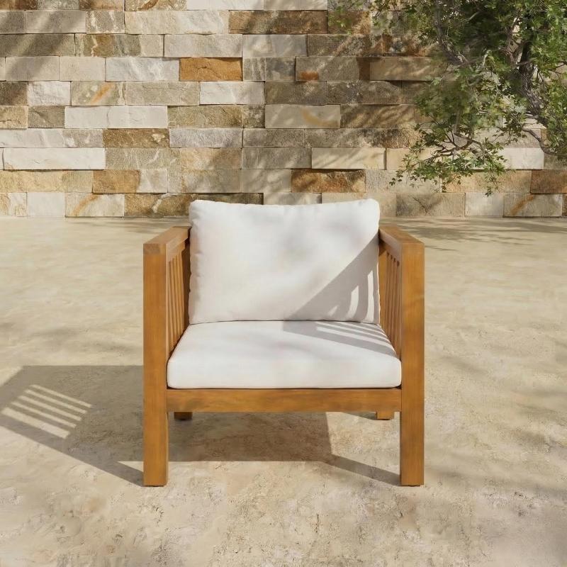 Outdoor Acacia Wood Club Chair with Modern Square Arms, Patio Chair with Thick Cushion, Adjustable Leveling Feet for Poolside, Backyard And Deck, Beige Cushion