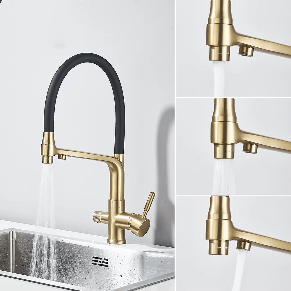 3-way Kitchen Faucet Brushed Golden 360-degree Swivel Faucets For Kitchen Black Pull-down Water Mixer Tap