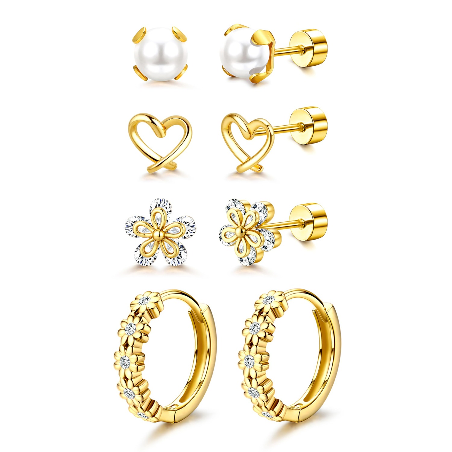2d Flat - 4 Pairs Hypoallergenic Earrings 316l Surgical Stainless Steel Cute Flower Heart Strawberry Rainbow Flat Back Earrings Small Daisy Huggie Hoop Earrings Set For Sensitive Ears