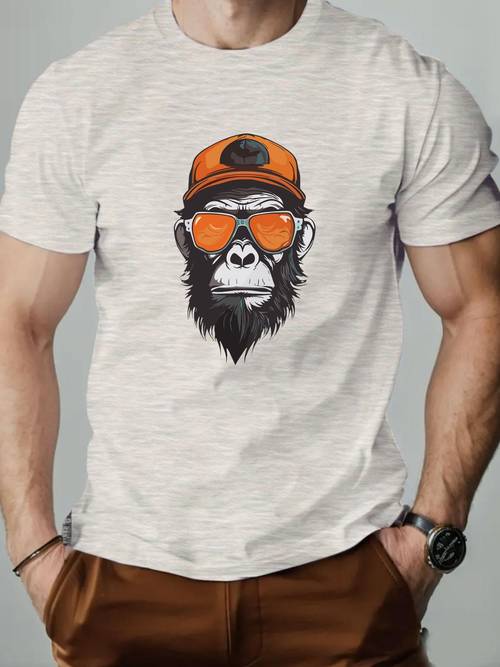 mens casual short sleeve t shirt with stylish monkey graphic print summer round neck tee regular fit hand clean white everyday clothing design nontransparent fabric