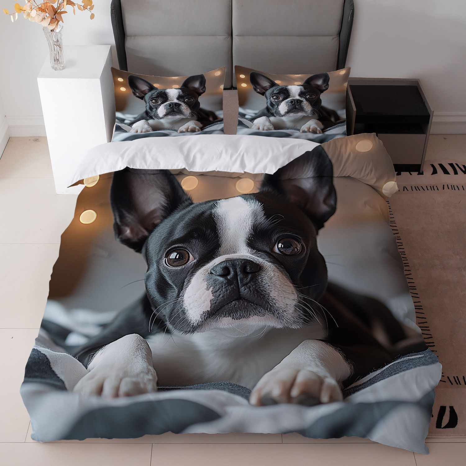 TEMU 3pcs Black And White Boston Terrier Print Bedding Set (1duvet Cover   2pillowcase, Without Core) For Bedroom