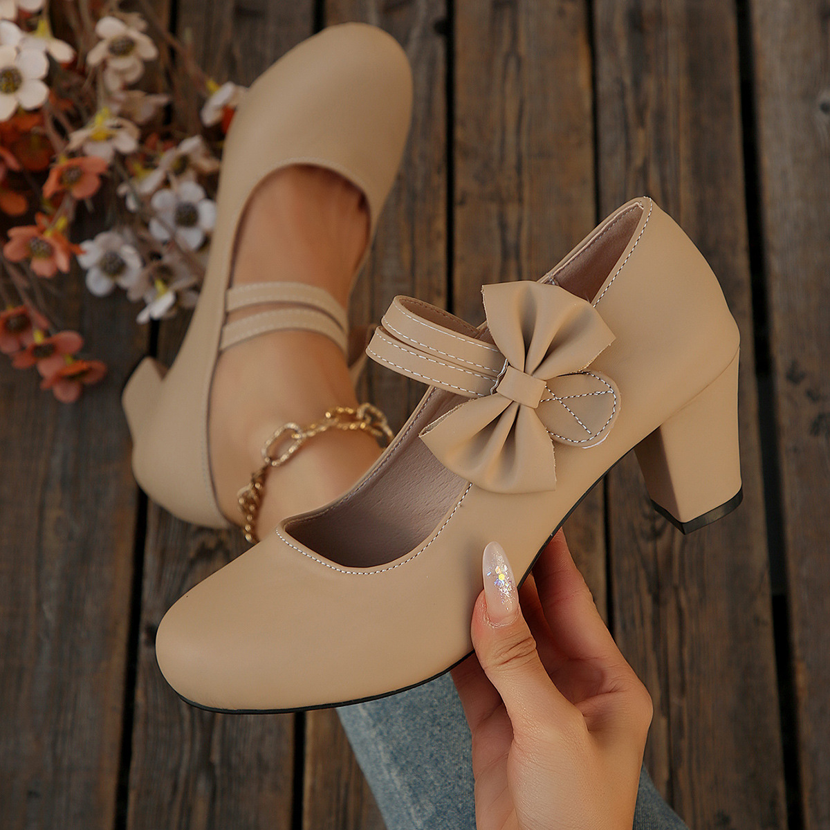 Image of 2026 New Style Plus Size Women's Shoes With Bow, Hook-and-loop Fastener, Chunky Heel, High-heeled Casual Flats For Women, , Elegant Temperament And Comfortable Flats, Women Shoes