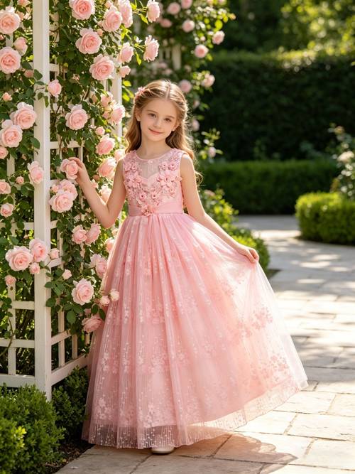 pink 3d floral long girls tulle dress 4 14y princess party dress round neck sleeveless 3d flower applique bodice waistband floral pattern tulle skirt for stage wedding piano birthday celebration festival performance