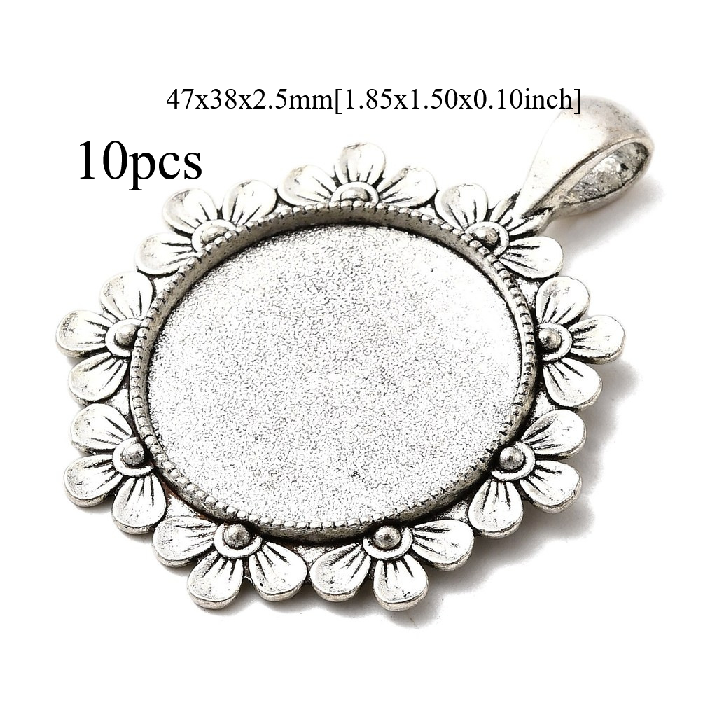 TEMU 10pcs Tibetan Style Flower Alloy Pendant Cabochon Settings, Antique Silvery, Tray: 25mm, 47x38x2.5mm, Hole: 6x4mm, Charms For Jewelry Making