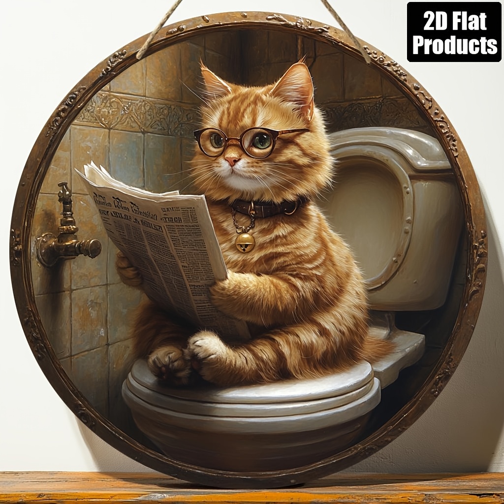 TEMU 【2D】猫が新聞を読むトイレのシーンが描かれた丸い木製サインの2Dデザイン。バー、キッチン、カフェ、、リビンなどの装飾に最適。