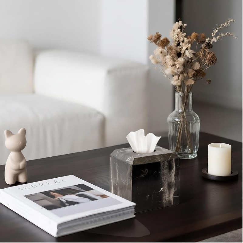 italy natural marble tissue box cover - heavy-duty square marble toilet paper holder with black & white veining, minimalist   for bathroom, living room, bedroom, kitchen, office - durable   decor, easy- , decorative storage organizer (compatible with standard tissues) - heavy-duty round facial holder for minimalist home decor, natural marble texture, sophisticated black & white veining, versatile for any room, stylish and functional accessory, tissue Product details 3