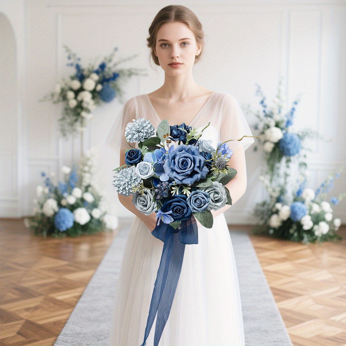 7 inch artificial blue bridesmaid bouquet dusty blue navy - Temu