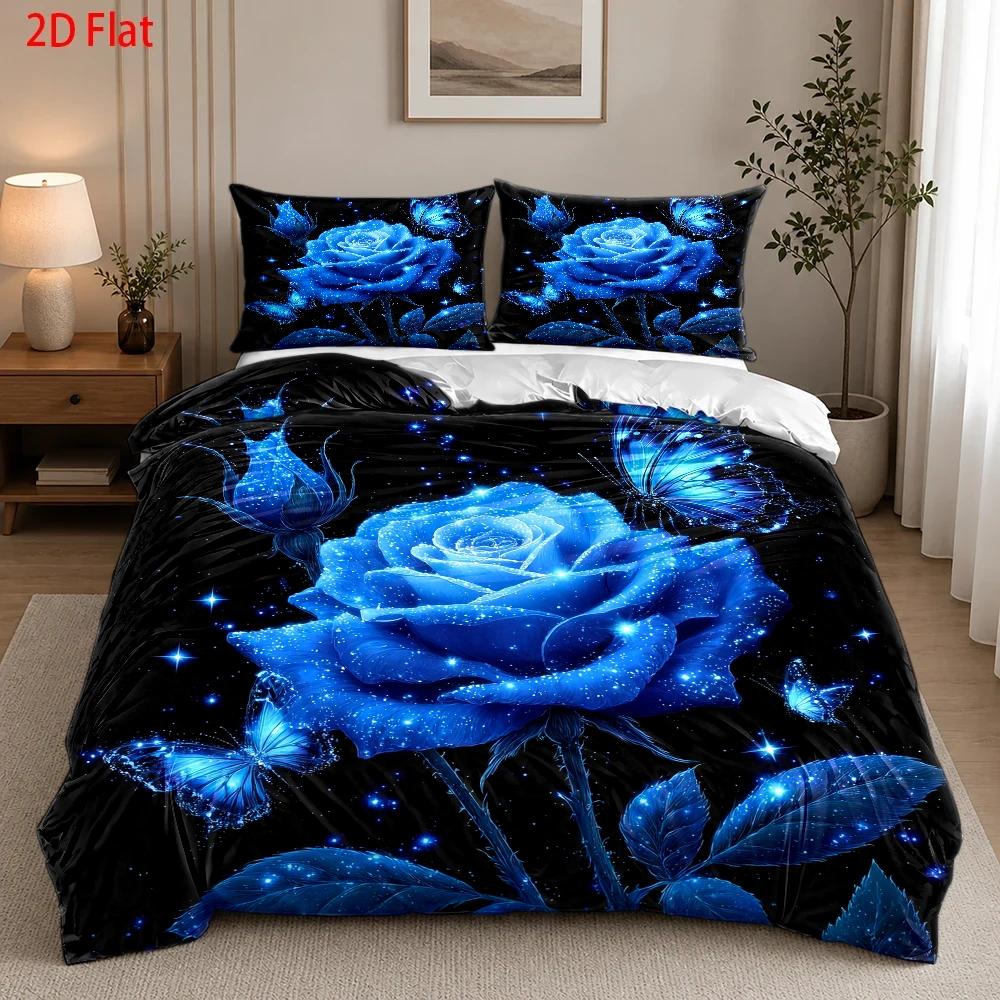 TEMU 3pcs Duvet Cover Set, 1 Duvet Cover   2 Pillowcases (no Filler), 2d Flat Printing, 3pcs Duvet Cover Set, Blue Starry Sky Rose And Theme, Light