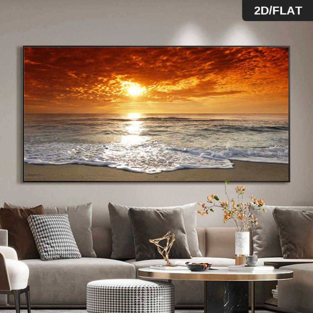 TEMU 2d Flat, 2d Flat, A Large Unframed Canvas Art Piece In 2d, Featuring A Stylish And Luxurious Design Of Beach Scenery With Beautiful Sunrises And