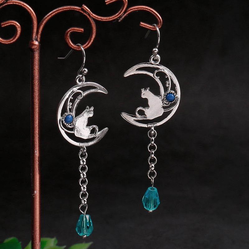 Image of Vintage Carved Cat Earrings Moon Designed With Handmade Pendants Are The Perfect Jewelry For Stylish Women