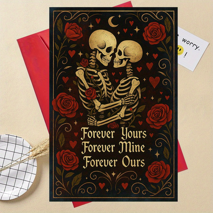 TEMU 1pc Romantic Gothic Love Card With Skeleton Couple And Roses, Valentine's Day, Anniversary, Or Unique Gift For Couples Celebrating