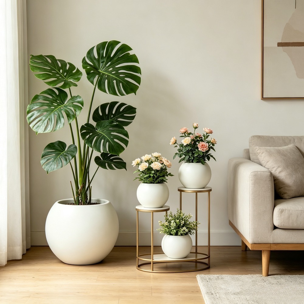 2pcs Set of Light Luxury Matte White Spherical Floor Planters, American Vintage Style for High-End Clubhouse and Villa Interior Soft Decor, Suitable for Indoor and Outdoor Use, Large Potted Plants for Living Rooms/Entryways/Offices