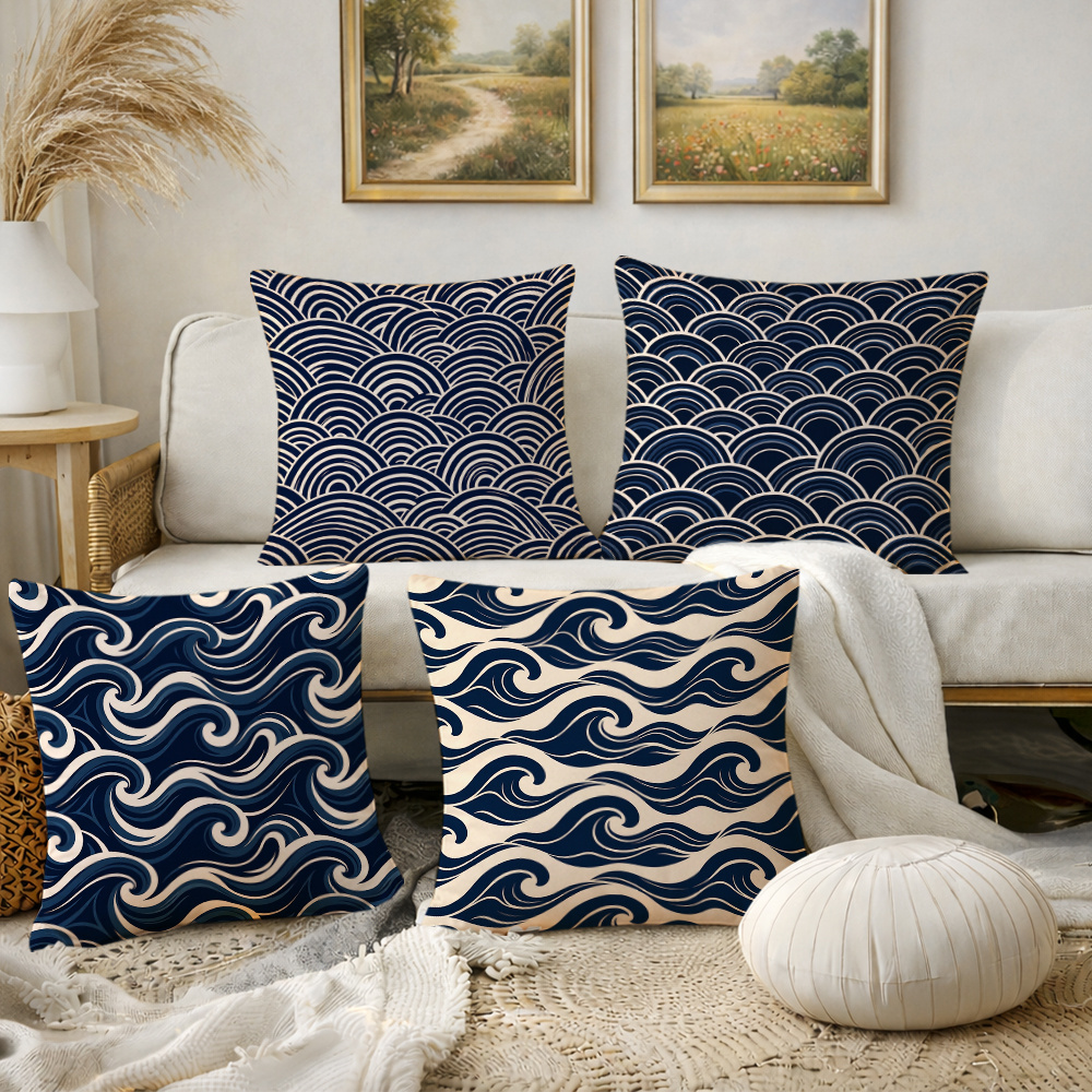 TEMU 4pcs Japanese Wave Throw Pillow Covers Navy Cushion Cases Suitable For Sofa Room Decor, Zipper Closure Machine Washable Modern Japanese For