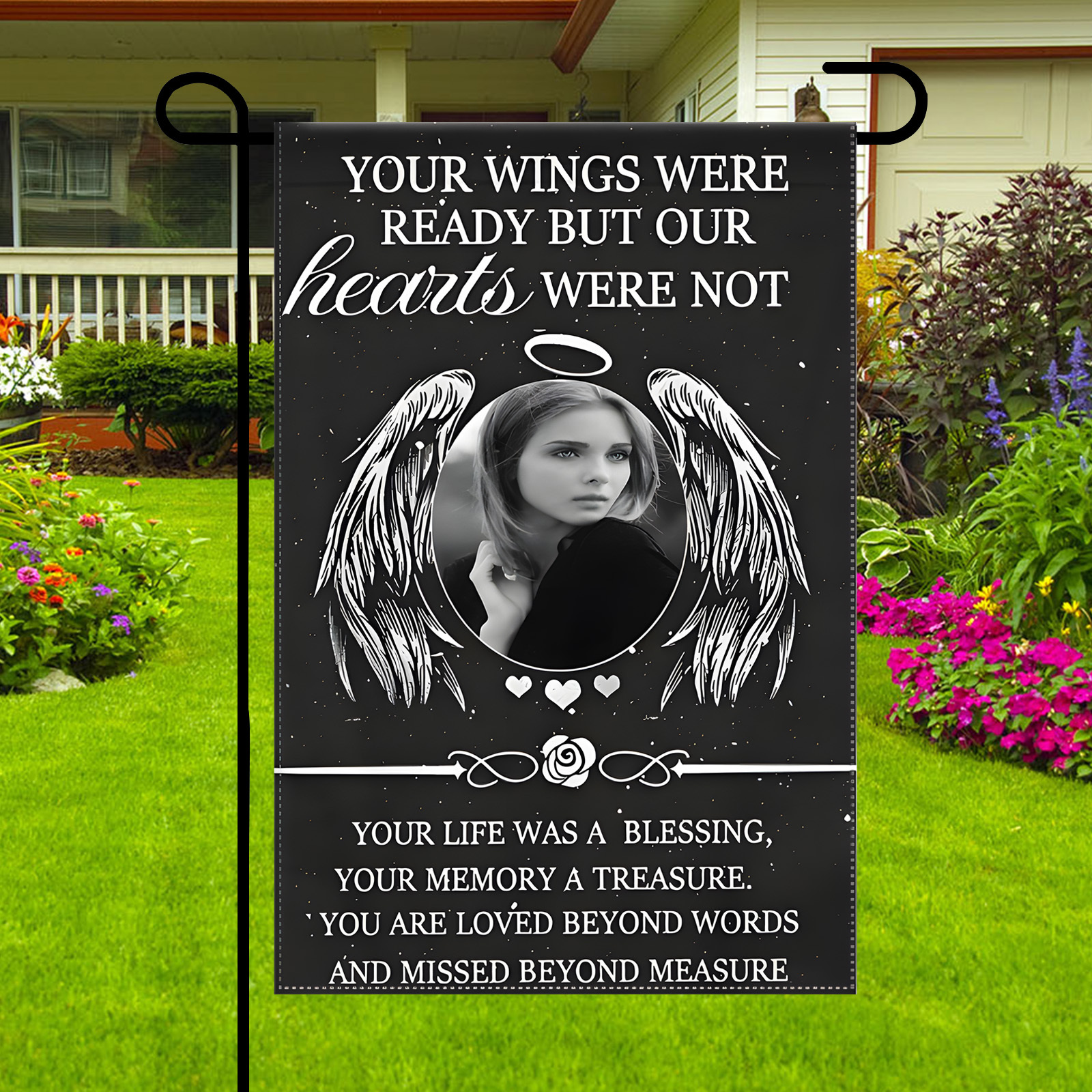 

Custom Memorial Flag - Double-sided Polyester, 'your Wings Are Ready, My Not' , Yard, Lawn, Patio & Cemetery Decor, 12x18 Inches (pole Not Included)