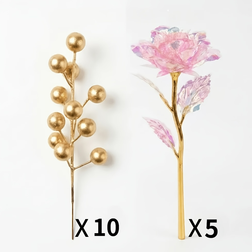 Image of 15pcs Set (5 Pink Roses With 10 ), Iridescent Artificial Decorations - Maintenance-free, Ideal For Valentine's Day, Christmas, Mother's Day, Parties, Weddings, Birthdays, , And Other Creative Decor