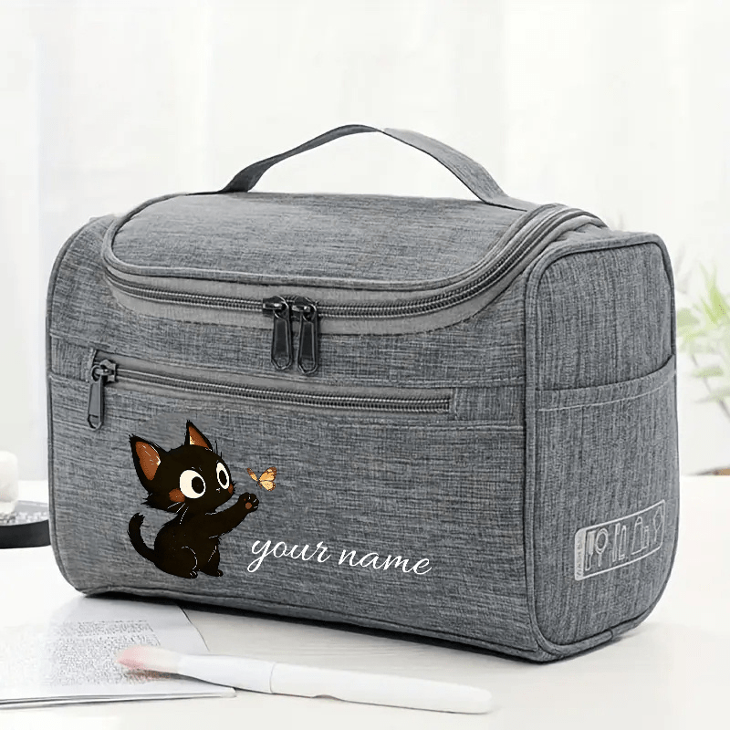 TEMU Personalized Cat And Pattern Makeup Bag With Customizable Initials. Features 4 Mesh Pockets And A Large Opening For To Small Cosmetics. Unisex