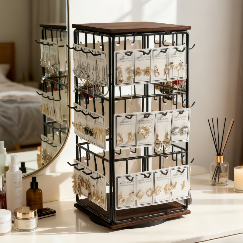 TEMU 1pc Rotating Earring Holder Organizer - Metal Frame Jewelry Display Stand For Earrings, Rings, Necklaces, Bracelets - Desktop Storage Rack For