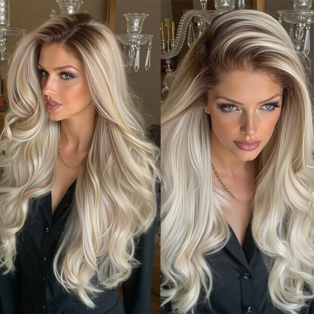 TEMU Density Body Wave Lace Front Synthetic Wigs For Women Ombre Ash Blonde Synthetic Lace Front Wigs 13x4 Hd Lace Front Wig With Long Wavy Blonde