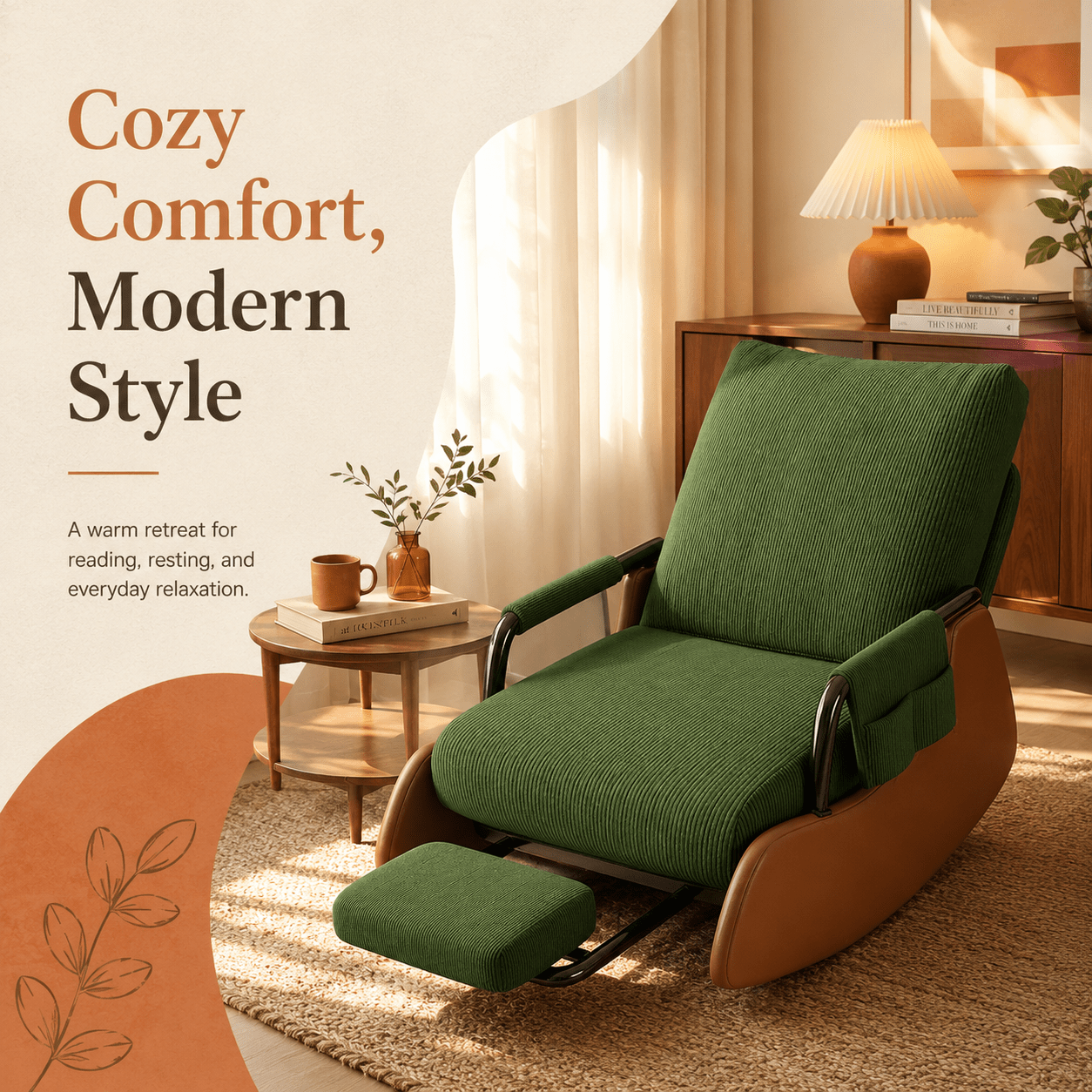Image of Foldable Floor Lounge Chair With Pull-out Footrest, Corduroy Upholstered Seat With Side Pocket, Space- Reading And Relaxing Chair For Living Room, Bedroom And Small Spaces, Suitable For Adults