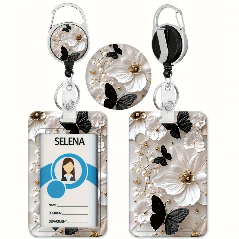TEMU 2d Flat Floral Pearl Decoration Black And White Print Printed Pattern Card Holder With Elastic Clip - Id Badge Holder, Credit Card Case,