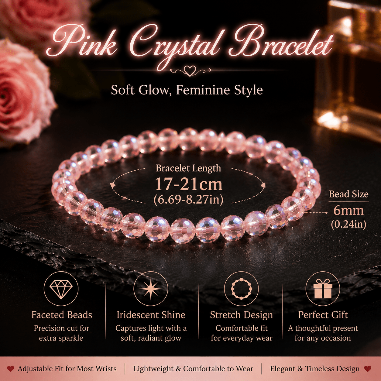 Women's Pink Crystal Beaded Bracelet, Sparkling Gift Option