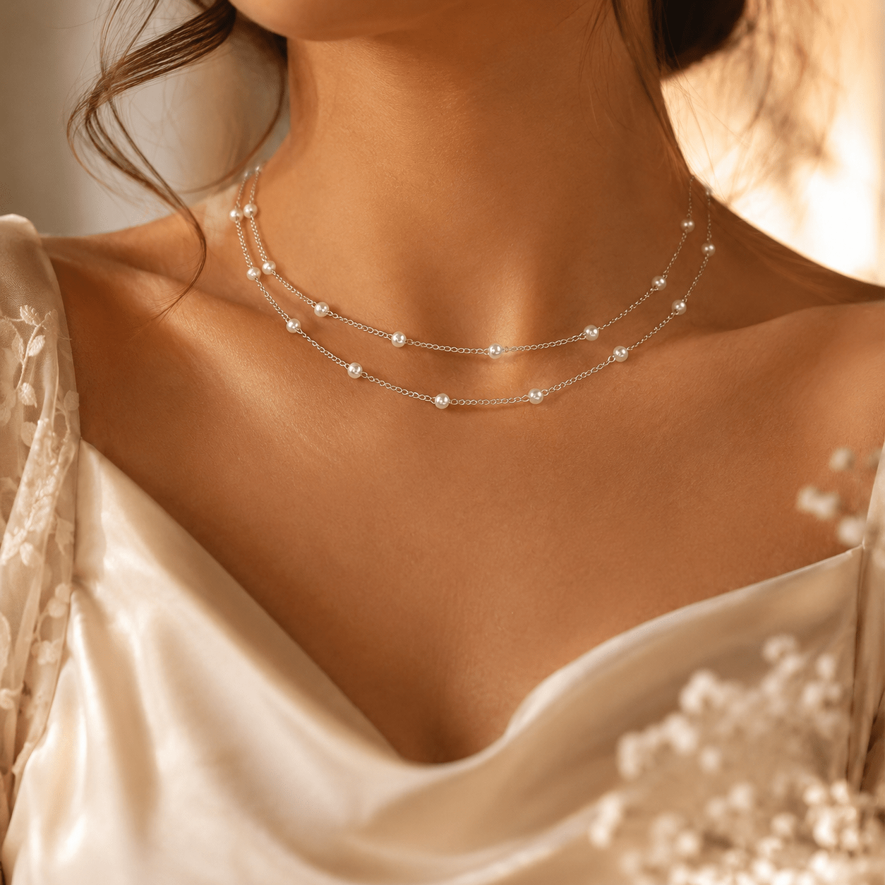 TEMU Conjunto de collar ajustable con cadena de patchwork de perlas de fácil para mujer, 2 piezas, ideal para uso diario, vacaciones, regalo de San