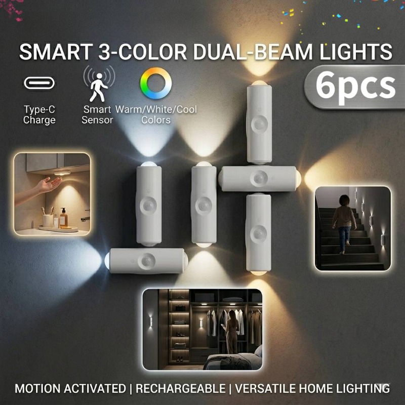 TEMU [6pcs Set] Individual Sensor Led Wall Lights Usb Rechargeable 3-color Adjustable Night Lights, Human Sensing Compact And Convenient, Magnetic