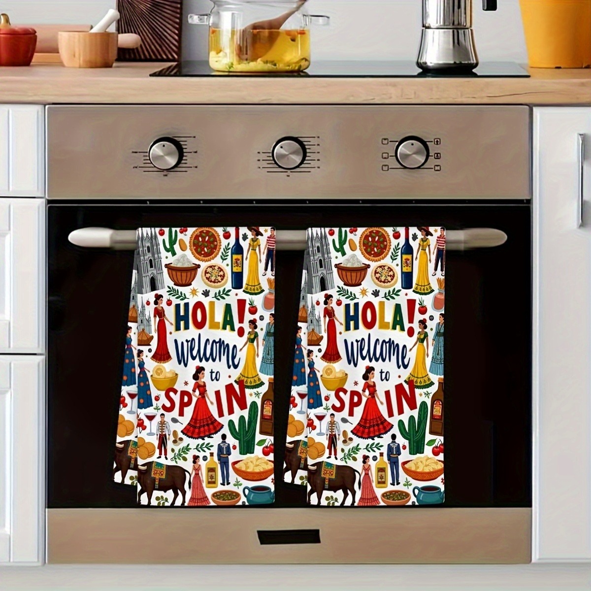 TEMU Juego de 2 paños de cocina de carnaval español con diseño vívido de bailaora de flamenco y tapas, perfectos para hornear, cocinar, limpiar y