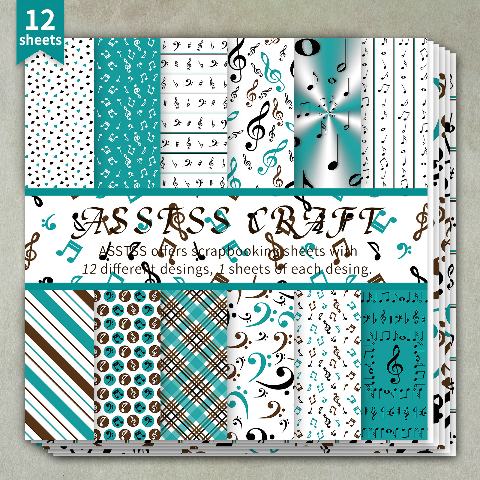 TEMU 12-sheet Asstss Heavyweight Scrapbooking Paper Pad Suitable For Journaling, Collage Art & Crafts - 6"x6" Cardstock Sheets With Music Note &