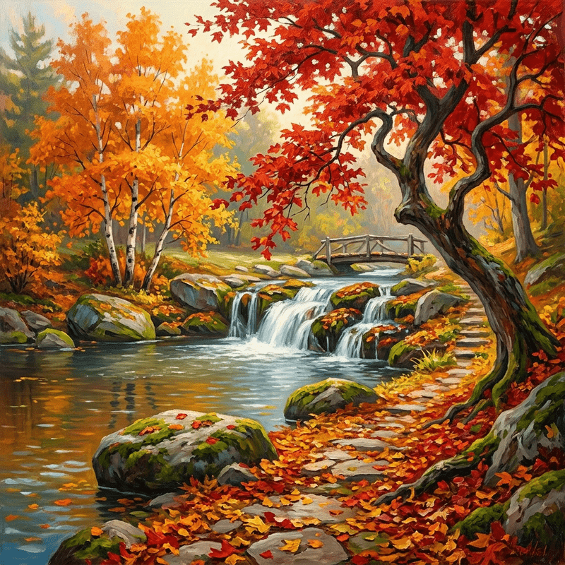 TEMU 1pc, Diamond Painting Diy Kit, Maple Leaf Autumn Colors Creek Wooden Bridge Scenery Themed Diamond Painting, Frameless, Round Diamonds, 2d Flat,