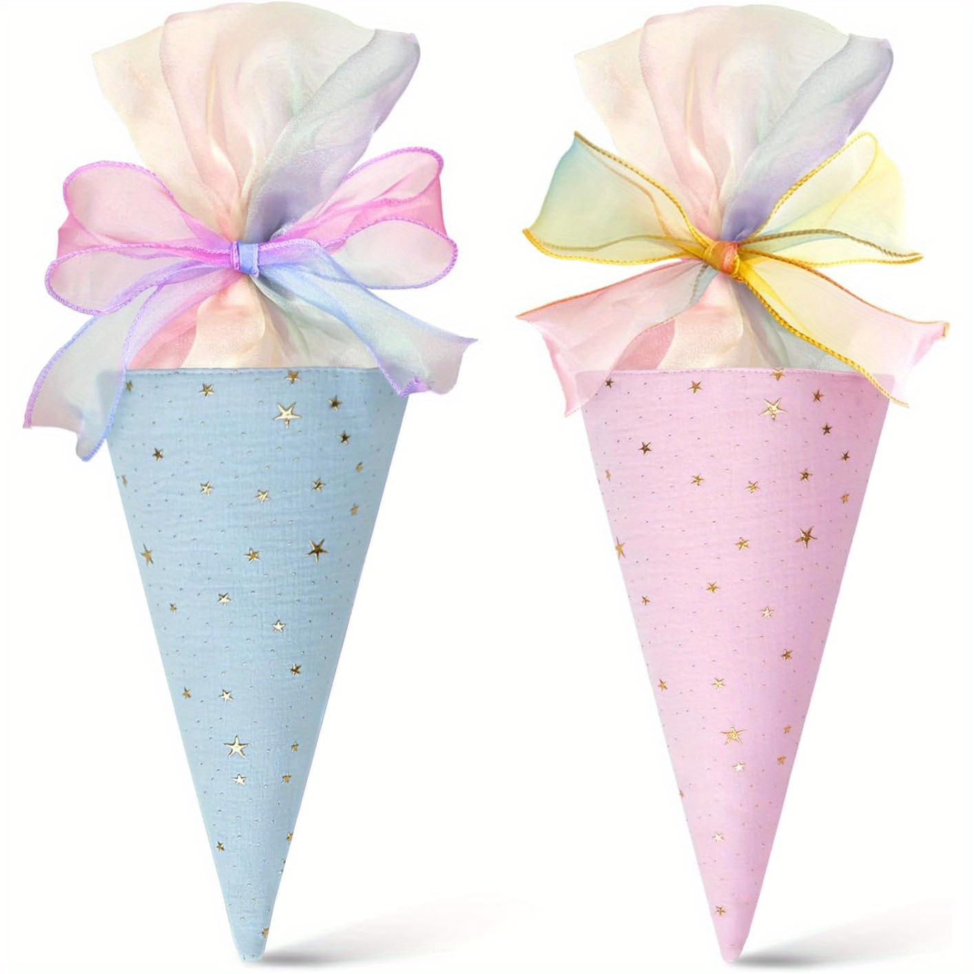 two-piece bow gift bags, cone-shaped candy bags, back-to-  backpack decorations in blue + pink, drawstring gift bags, gift pouch, small party bags, personalised gift bags, bulk gift bags, back to school decorations, party favors, festive pouches, cone shaped bags, durable fabric, reusable pouches, small pouches, parents, event organizers 0