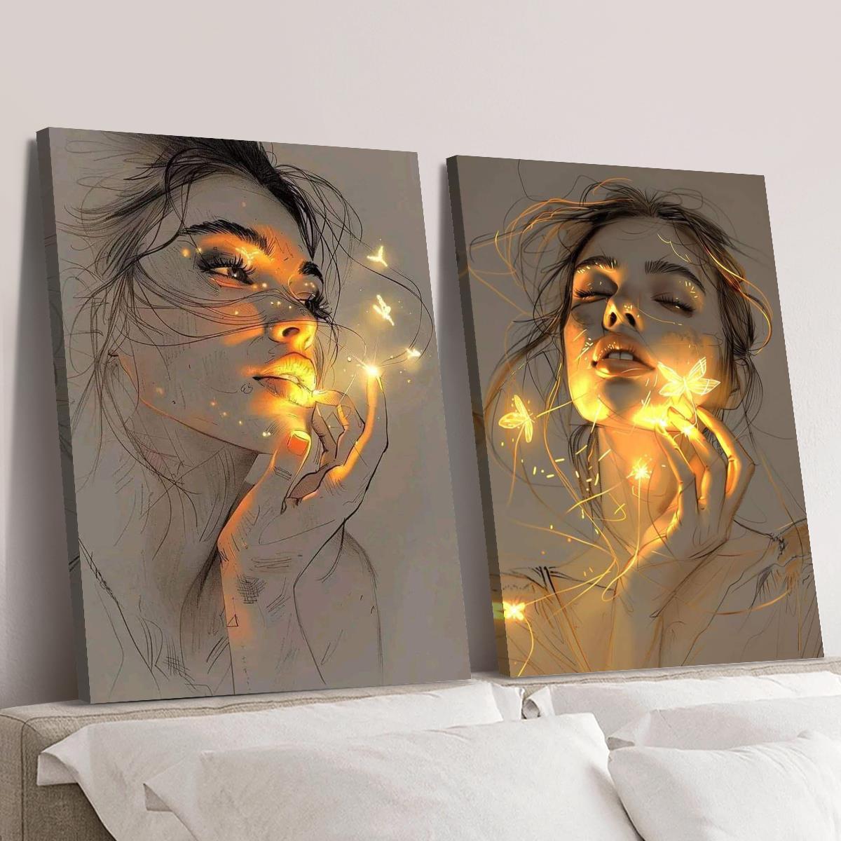 2pcs wood framed canvas print art a woman as delicate as a   portrait   glowing magic butterflies and women suitable for home wall decoration