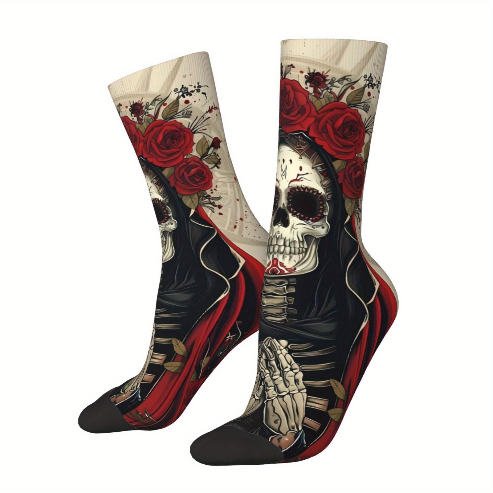 TEMU A Pair Of Unisex Outdoor Socks, Skull Rose Pattern Socks Printed Mid-calf Socks, Machine Washable, Suitable For Outdoor Sports Enthusiasts,