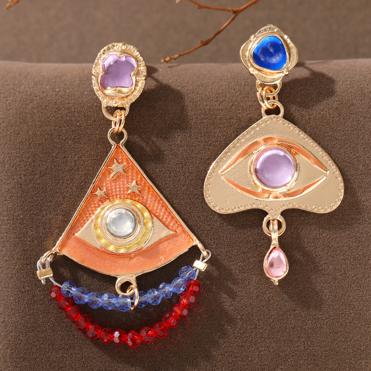 TEMU Bohemian Ethnic Style Asymmetrical Eye Inlaid Multicolor Synthetic Gemstone Women's Pendant Earrings Suitable For Vacation Casual Music Festival