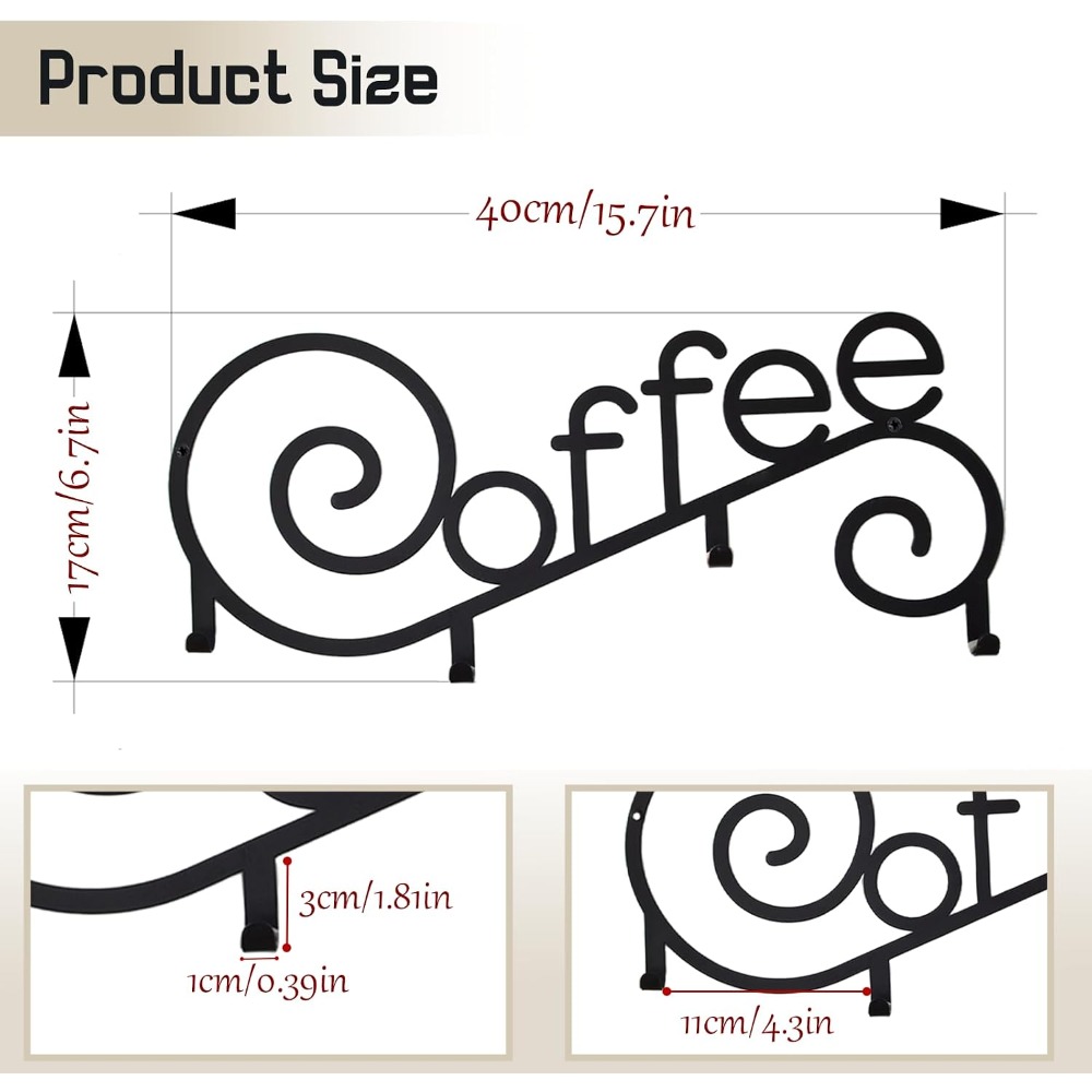 TEMU 1pc Metal Statue Ornament Wall Mounted Coffee Bar Metal Wall Cup Mug Holder With 4 Hooks, Decorative Coffee Bar, Kitchen, Bar Station Additions