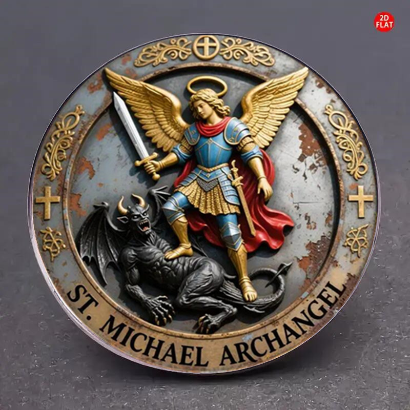 Image of 2d Flat, 1pc Saint Michael Archangel Medal Pin - Medieval Brooch, Stainless Steel Emblem Suitable For Backpacks, Sweaters, Scarves - Vintage & Collectible, 2d Flat