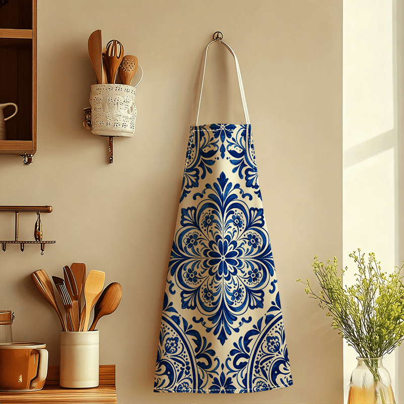 TEMU 1pc Chinese Blue And White Porcelain Apron - Traditional Floral Suitable For , Kitchen Apron With Classical Chinese Patterns For, Parties, Home