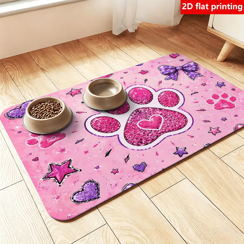 TEMU 2d Flat Printing, 1pc Pink Purple Paw Print Heart Bow Pet Feeding Mat, Pet Placemat, Quick- Dog Mat, Rubber Non-slip Bottom, Easy-to- Bowl Pad,