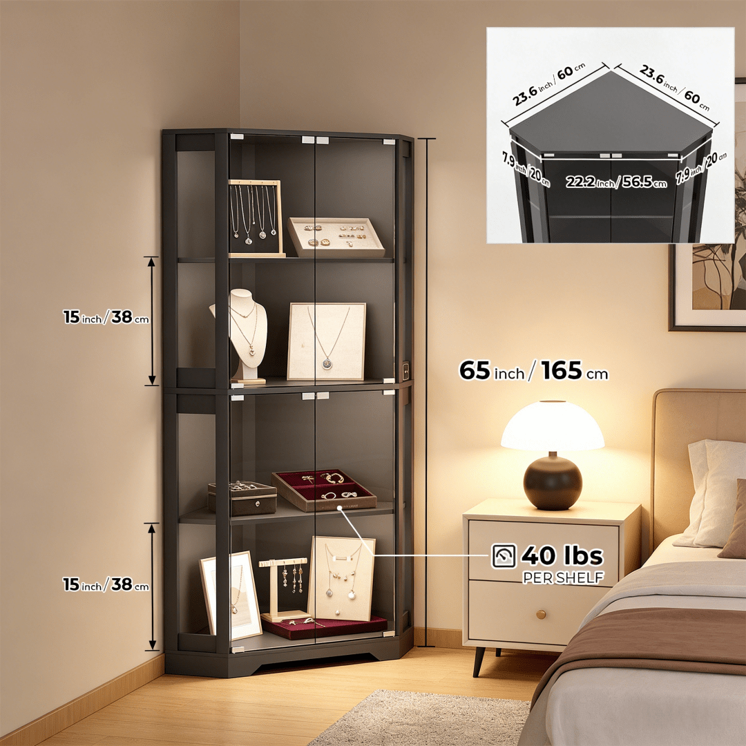 TEMU Étagère d'angle à double porte en verre avec 4 niveaux de rangement, LED 3 couleurs, induction intelligente du corps humain, , convient pour