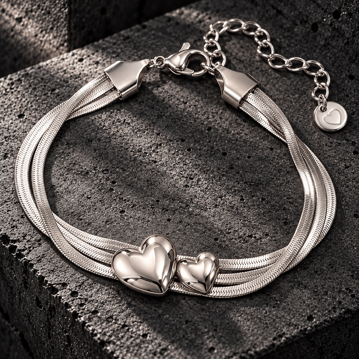3pc Women's Multi-layer Snake Chain Bracelet Set, Heart Charm