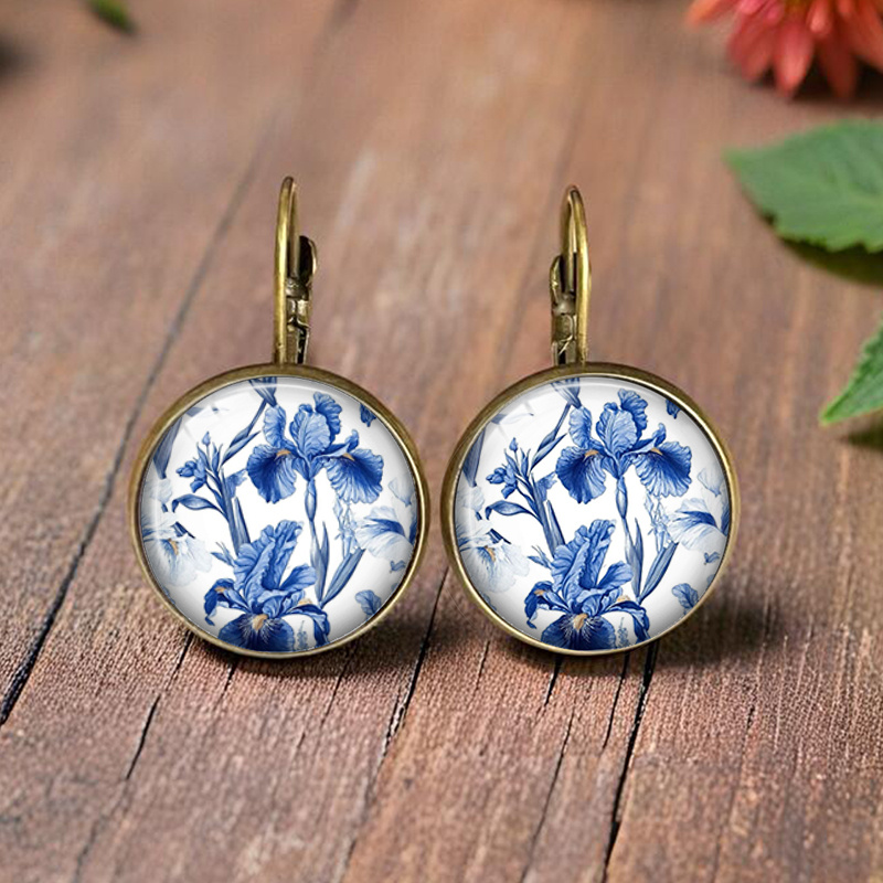 TEMU Blue And White Porcelain Iris Flower Clip- Earrings - Minimalist Glass Round Suitable For Daily Wear, Parties, Gifts, Jewelry With Chinese,